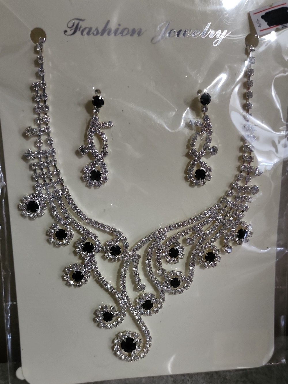 Fashion Jewelry Silver-Tone Necklace and Earring Set with Black Stones